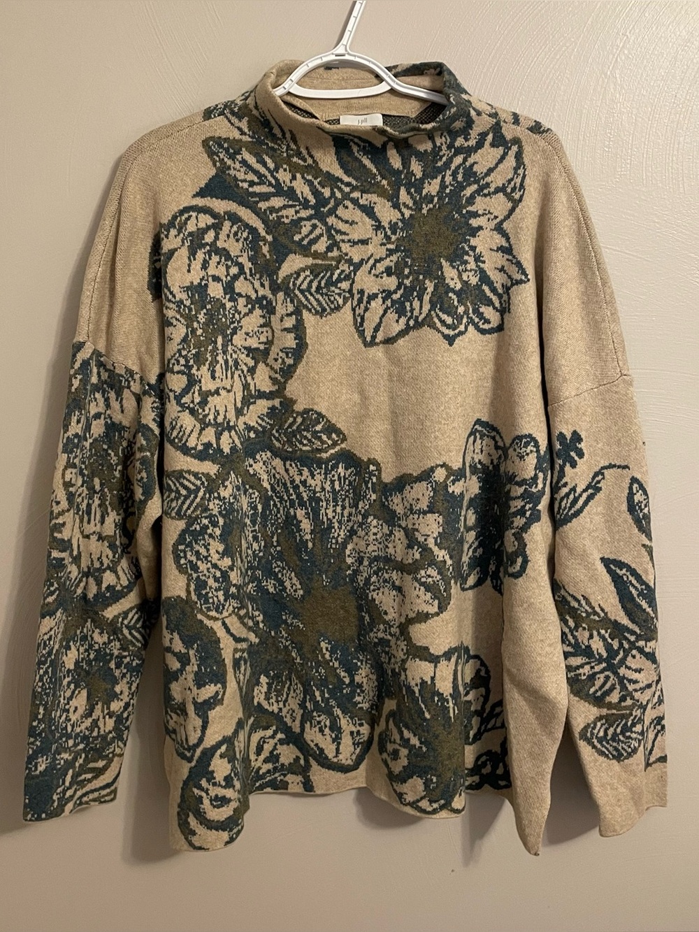 J.Jill Women’s Mock Neck Sweater Tan and Blue Pattern Size XL